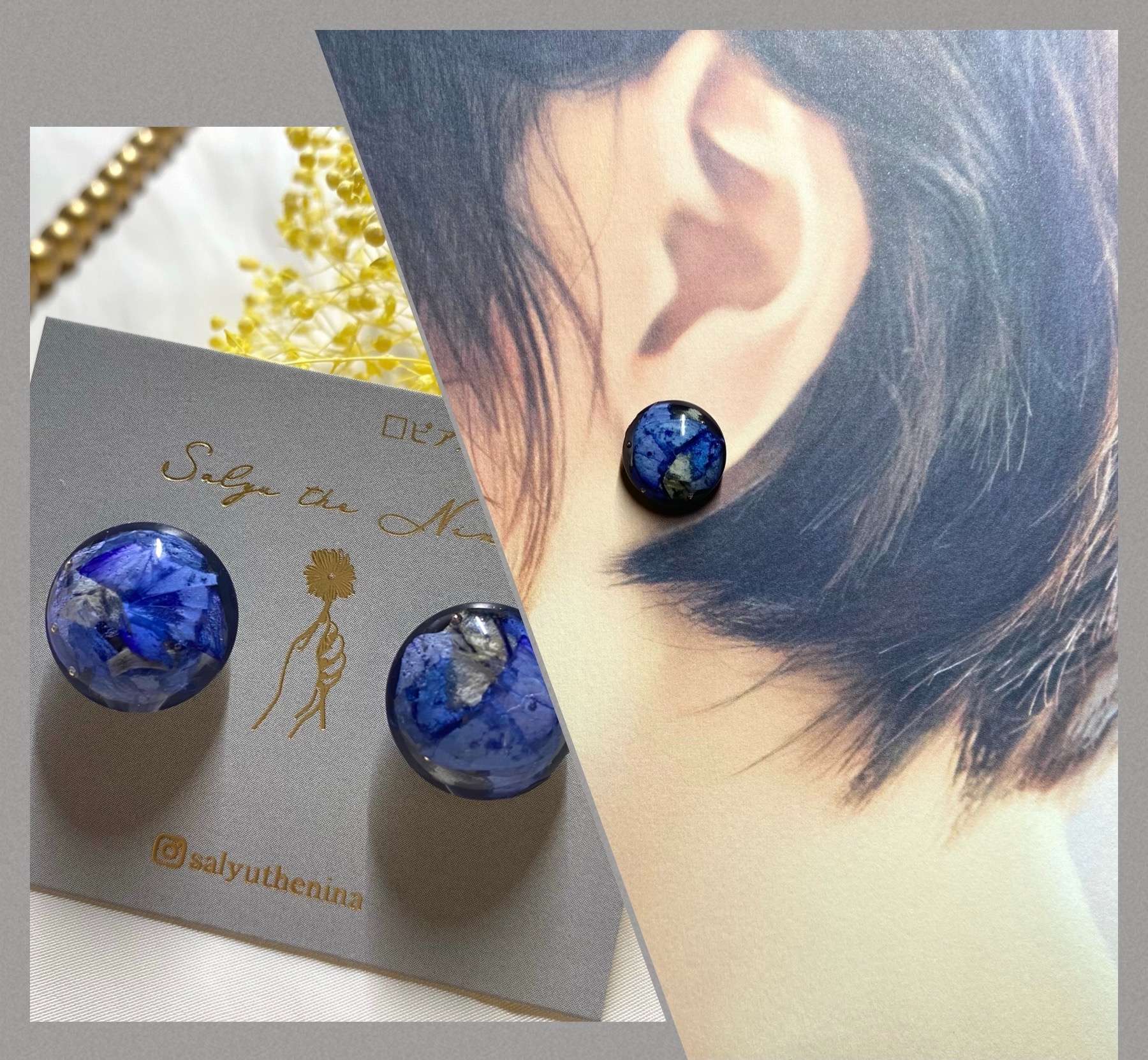 紫陽花ブルーのハンドメイドアクセサリー商品！小粒で着けやすい耳飾りです。